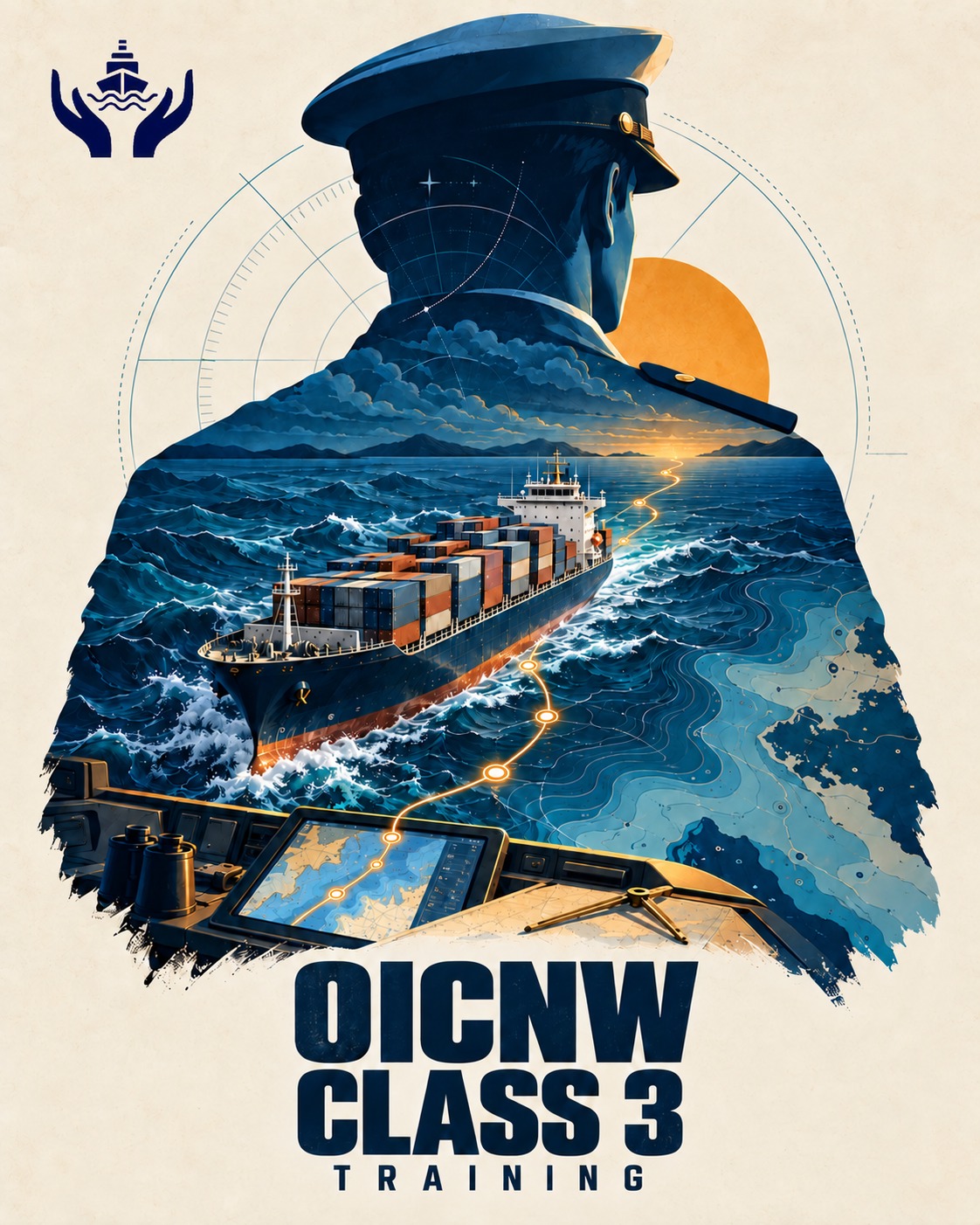 OICNW Class 3 Training - a deck officer silhouette over a container ship, a planned passage and an ECDIS display on the bridge, Varuna Sentinels BV