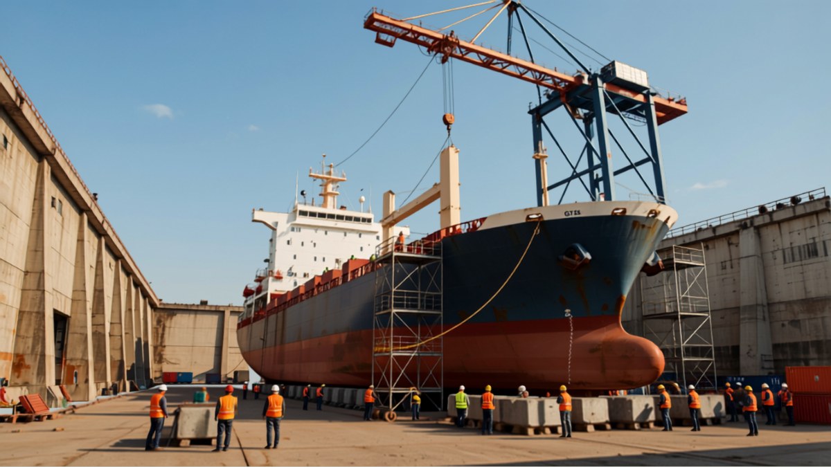 Cargo vessel resting on keel blocks in a dry dock with a gantry crane overhead